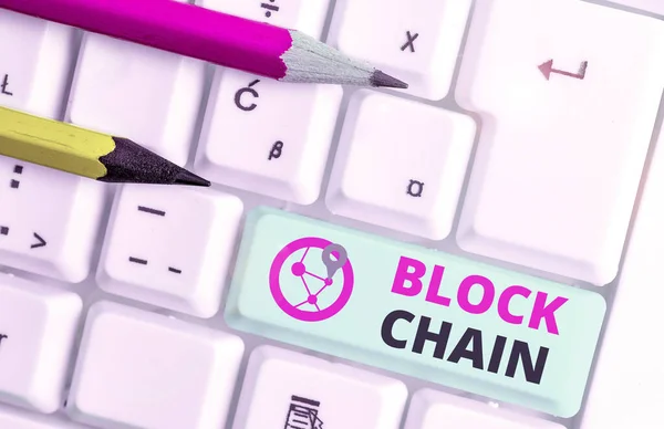 Text sign showing Block Chain. Conceptual photo system in which a record of transactions made in bitcoin. — Stock Photo, Image