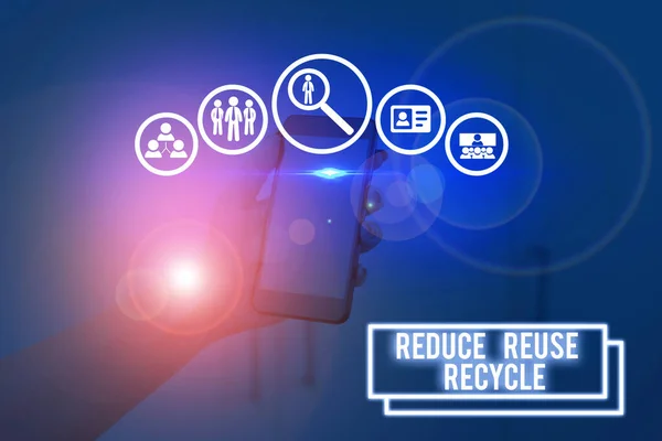 Σήμανση κειμένου που δείχνει Μειώστε την Επαναχρησιμοποίηση Ανακυκλώστε. Εννοιολογικοί τρόποι φωτογραφίας μπορούν να εξαλείψουν τα απόβλητα προστατεύουν το περιβάλλον σας. — Φωτογραφία Αρχείου