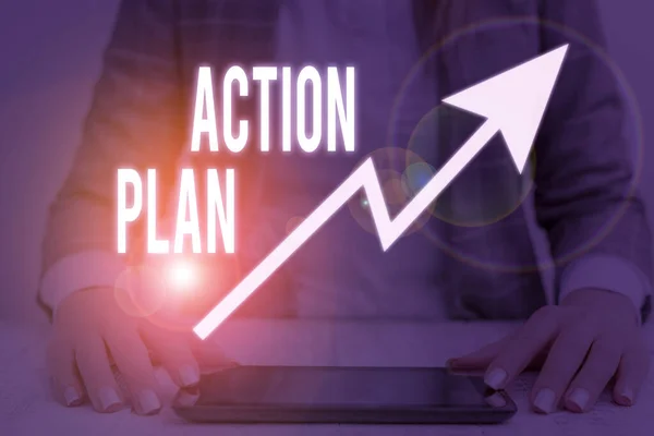 Writing note showing Action Plan. Business photo showcasing detailed plan outlining actions needed to reach goals or vision.