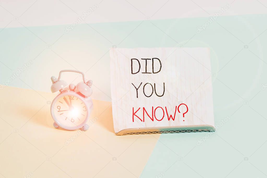 Conceptual hand writing showing Did You Know Question. Business photo text Fun Facts and Figures Information General Knowledge Alarm clock beside a Paper sheet placed on pastel backdrop.
