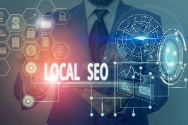 Writing note showing Local Seo. Business photo showcasing helps businesses promote products and services to local customers Picture photo network scheme with modern smart device.