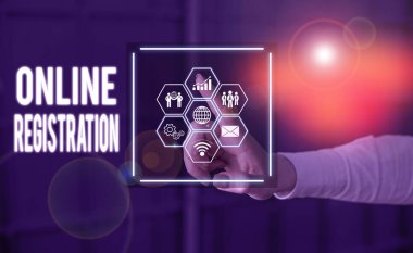 Çevrimiçi Kayıt 'ı gösteren metin işareti. İnternet Resim Sistemi şeması üzerinden abonelik veya kayıt için kavramsal fotoğraf sistemi modern teknoloji akıllı aygıtı.