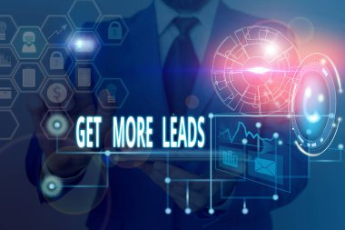 Writing note showing Get More Leads. Business photo showcasing to have more customers and improve your target sales Picture photo network scheme with modern smart device.