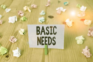 Writing note showing Basic Needs. Business photo showcasing something that you must have in order to sustain or live life Colored crumpled papers wooden floor background clothespin.