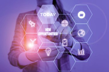 Handwriting text New Opportunities. Concept meaning exchange views condition favorable for attainment goal Woman wear formal work suit present presentation using smart latest device.