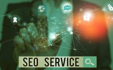 Kelime yazma Seo Servisi. Web sitesinin görünürlüğünü arttırmak için teknik ve prosedürler için iş konsepti Resim sistemi ağı şeması modern teknoloji akıllı aygıtı.