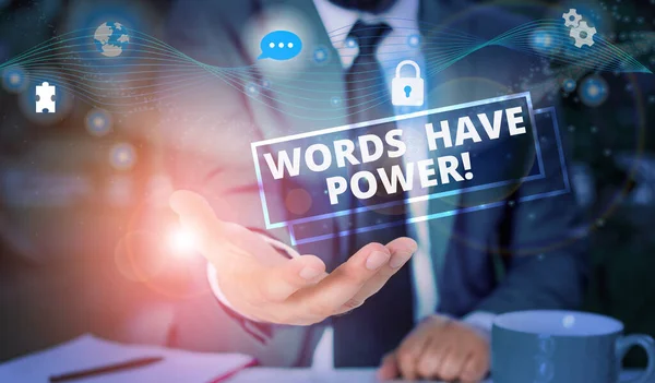 Rukopisný text Words Have Power. Koncept význam, protože mají schopnost pomoci léčit zranění nebo někomu ublížit Obrázek foto systém síťové schéma moderní technologie chytré zařízení. — Stock fotografie