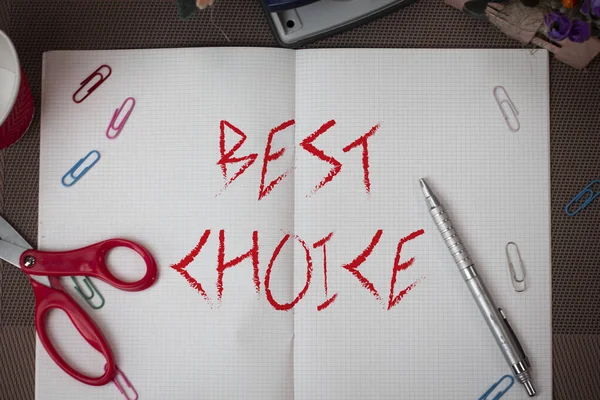 Text sign showing Best Choice. Conceptual photo of the highest quality or being the most suitable and pleasing Scissors and writing equipments plus math book above textured backdrop.