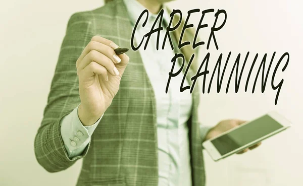 Handwriting text writing Career Planning. Concept meaning Strategically plan your career goals and work success Business woman pointing in empty space with pen and mobile phone.