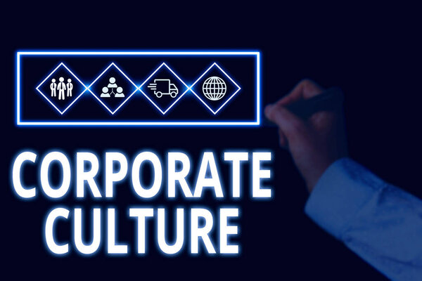 Conceptual hand writing showing Corporate Culture. Business photo showcasing pervasive values and attitudes that characterize a company Picture photo network scheme with modern smart device.