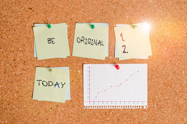 Conceptual hand writing showing Be Original. Business photo text created directly and demonstratingally by an artist Not a imitation Corkboard size paper thumbtack sheet billboard notice board. — Stockfoto
