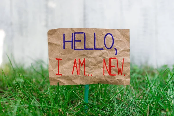 Word writing text Hello I Am New. Business concept for introducing oneself in a group as fresh worker or student Crumpled paper attached to a stick and placed in the green grassy land.
