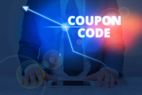 Writing note showing Coupon Code. Business photo showcasing ticket or document that can be redeemed for a financial discount. — Stok fotoğraf
