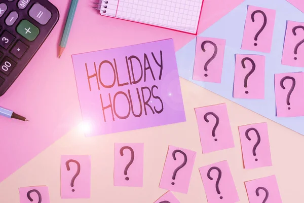 Conceptual hand writing showing Holiday Hours. Business photo showcasing employee receives twice their normal pay for all hours Mathematics stuff and writing equipment on pastel background. — 스톡 사진