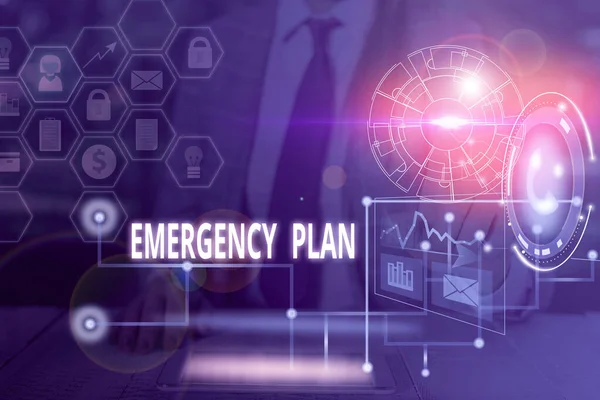 Handwriting text writing Emergency Plan. Concept meaning procedures for handling sudden or unexpected situations Picture photo system network scheme modern technology smart device. — Stock Photo, Image