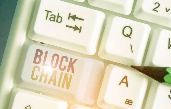 Handwriting text writing Block Chain. Concept meaning system in which a record of transactions made in bitcoin. — Stock Photo, Image