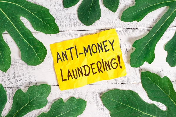 Text sign showing Anti Money Laundering. Conceptual photo regulations stop generating income through illegal actions Leaves surrounding notepaper above a classic wooden table as the background.
