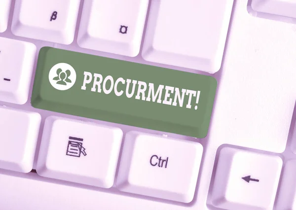 Handwriting text Procurment. Concept meaning action of acquiring military equipment and supplies White pc keyboard with empty note paper above white background key copy space. — Stock Photo, Image