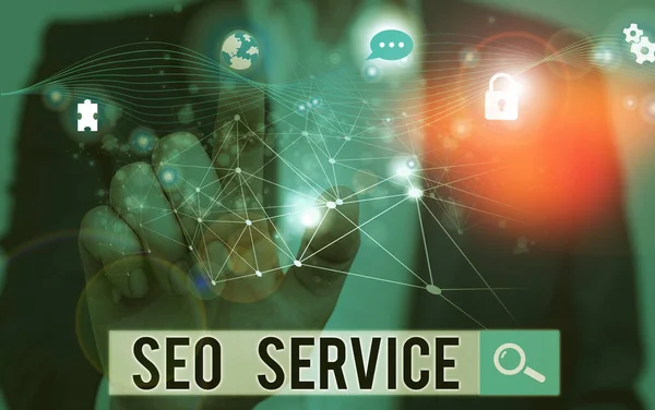 Kelime yazma Seo Servisi. Web sitesinin görünürlüğünü arttırmak için teknik ve prosedürler için iş konsepti Resim sistemi ağı şeması modern teknoloji akıllı aygıtı.