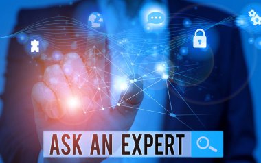 Kelime yazma Uzmanı Sor. Bir şey hakkında bilgisi olan birine danışmak için iş konsepti veya fotoğraf sistemi ağı şeması modern teknoloji akıllı aygıtı.