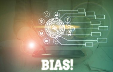 El yazısı önyargı yazısı. Bir grup resim sistemi şeması modern teknoloji akıllı aygıtı için önyargı ya da eğilim kavramını kavra.