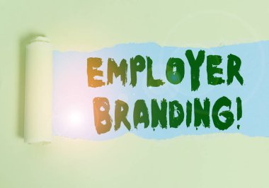 Word writing text Employer Branding. Business concept for promoting company employer choice to desired target group Cardboard which is torn in the middle placed above a plain table backdrop. clipart