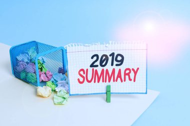 Kelime yazma metni 2019 Özeti. Özellikle 2019 Çöp Kutusu 'nun ana noktalarını kapsayan kısa kapsamlı iş konsepti buruşmuş kağıt çamaşır mandalı boş hatırlatma bürosu malzemeleri.