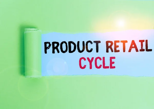 Tekstbord met Product Retail Cycle. Conceptuele foto als merk vordert door opeenvolging van fasen Karton die in het midden wordt gescheurd geplaatst boven een effen tafel achtergrond. — Stockfoto