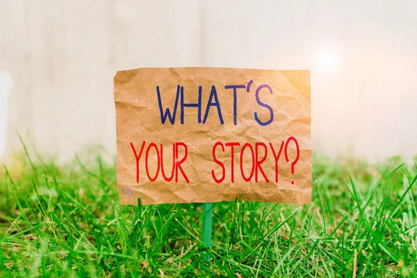 Texto de escritura de palabras What S Is Your Storyquestion. Concepto de negocio para el analizador de preguntar demostrando sobre eventos de vidas pasadas Papel arrugado pegado a un palo y colocado en la tierra verde cubierta de hierba . — Foto de Stock