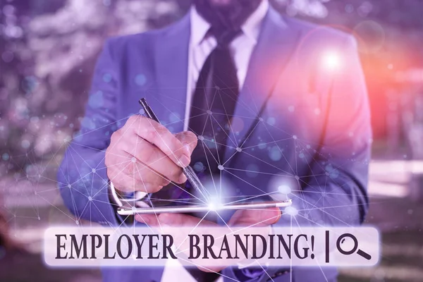 Writing note showing Employer Branding. Business photo showcasing promoting company employer choice to desired target group Male human wear formal suit presenting using smart device.