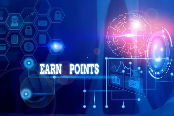 Conceptual hand writing showing Earn Points. Business photo text getting praise or approval for something you have done Picture photo network scheme with modern smart device.