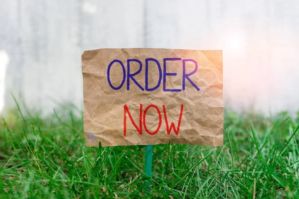 Word writing text Order Now. Business concept for the activity of asking for goods or services from a company Crumpled paper attached to a stick and placed in the green grassy land.