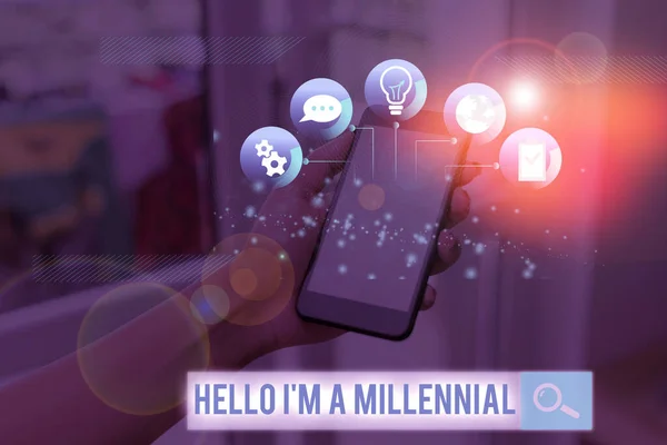 Texto de escritura de palabras Hello I M A Millennial. Concepto de negocio para demostrar llegar a la edad adulta joven en el siglo actual . — Foto de Stock