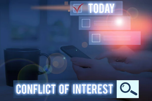 Conceptual hand writing showing Conflict Of Interest. Business photo text disagreeing with someone about goals or targets. — Stock Photo, Image