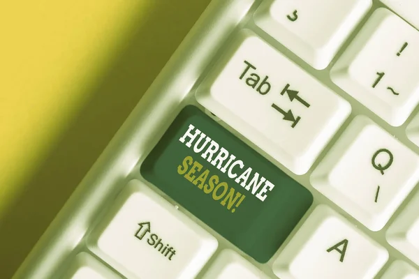 Text sign showing Hurricane Season. Conceptual photo time when most tropical cyclones are expected to develop White pc keyboard with empty note paper above white background key copy space.