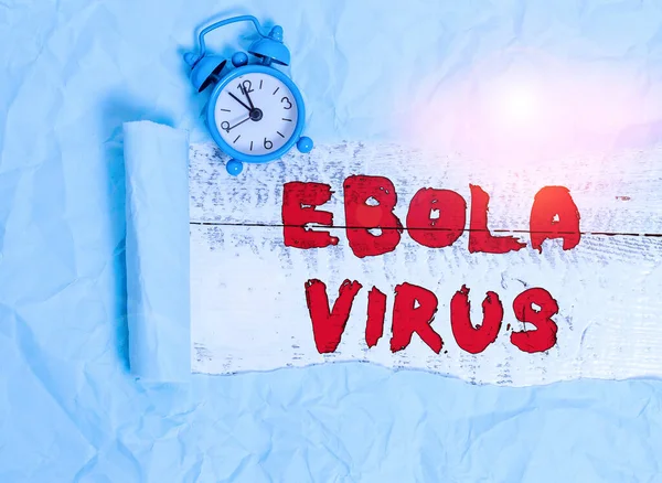 Conceptual hand writing showing Ebola Virus. Business photo text a viral hemorrhagic fever of huanalysiss and other primates Alarm clock and torn cardboard on a wooden classic table backdrop.