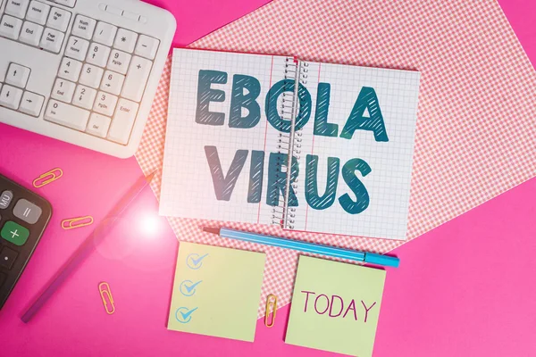 Word writing text Ebola Virus. Business concept for a viral hemorrhagic fever of huanalysiss and other primates Writing equipments and computer stuffs placed above colored plain table. — Stockfoto