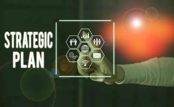 Text sign showing Strategic Plan. Conceptual photo a systematic process of envisioning a desired future Picture photo system network scheme modern technology smart device. — Stock Photo, Image