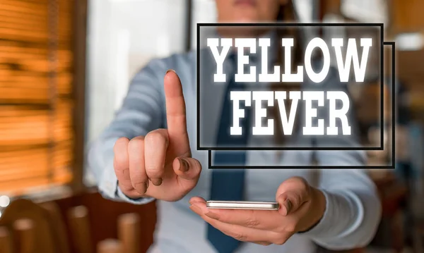 Εννοιολογικά χειρόγραφα που δείχνουν κίτρινο πυρετό. Επαγγελματική φωτογραφία κείμενο τροπικό ιό ασθένεια που επηρεάζει το ήπαρ και τα νεφρά Γυναίκα στο παρασκήνιο δείχνοντας με το δάχτυλο στο κενό χώρο. — Φωτογραφία Αρχείου
