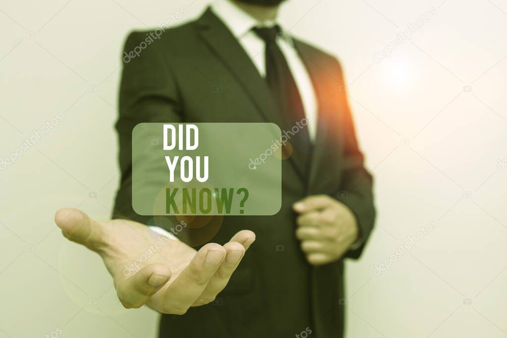 Handwriting text Did You Know Question. Concept meaning Fun Facts and Figures Information General Knowledge Male human with beard wear formal working suit clothes raising one hand up.