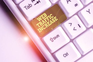 Kelime yazma Web Trafik Artırma. Ziyaretçileri Bir Web sitesine Genişletme konsepti beyaz arkaplan anahtar alanının üzerinde boş not kağıdı bulunan bir dizi Beyaz pc klavyesini ziyaret eder.
