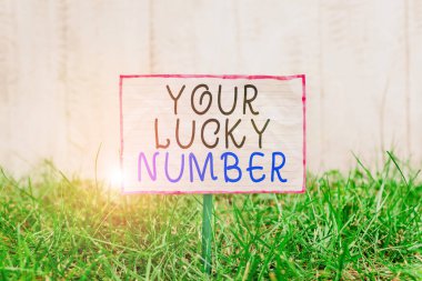 Uğurlu Numaranı gösteren mesaj işareti. Mektuba inanan kavramsal fotoğraf Şans Kumarhanesini Arttıran Şans Kumarhanesi bir sopaya bağlanmış ve yeşil çimenli topraklara yerleştirilmiş kağıt..