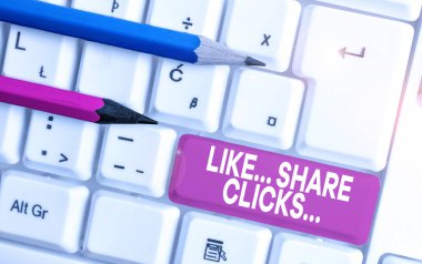 Paylaşım Tıklaması Gibi Metin işareti. Temas Sosyal Medya Beyaz pc klavyesini beyaz arkaplan anahtar alanının üzerinde boş not kağıdıyla artırmak için kavramsal fotoğraf içeriği pazarlaması.