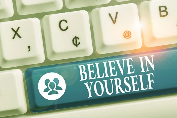 Word writing text Believe In Yourself. Business concept for Encouraging someone Selfconfidence Motivation quote White pc keyboard with empty note paper above white background key copy space. — Stock Photo, Image