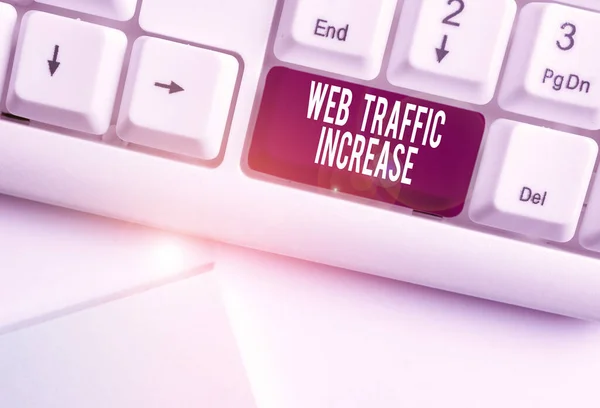 Text sign showing Web Traffic Increase. Conceptual photo Expand Visitors to a Website a number of Visits White pc keyboard with empty note paper above white background key copy space.