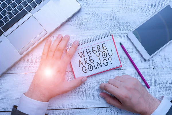 Writing note showing Where Are You Goingquestion. Business photo showcasing used to ask someone the destination headed to Hand hold note paper near writing equipment and smartphone. — Stok fotoğraf