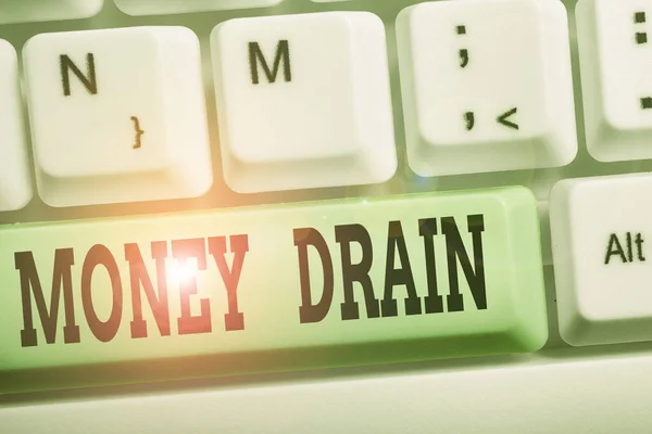 Handwriting text writing Money Drain. Concept meaning To waste or squander money Spend money foolishly or carelessly White pc keyboard with empty note paper above white background key copy space.