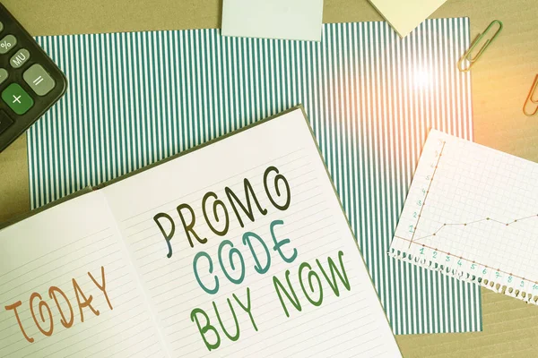 Handwriting text writing Promo Code Buy Now. Concept meaning Giving great discount by entering special words Striped paperboard notebook cardboard office study supplies chart paper. — 스톡 사진
