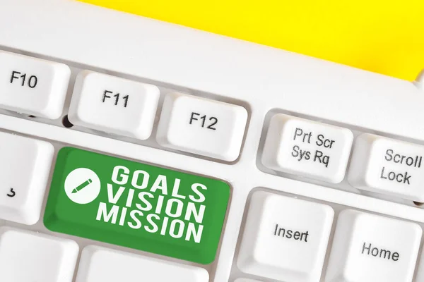 Ord skrivning text mål vision mission. Affärsidé för praktisk planeringsprocess som används för att hjälpa community-grupp vitt PC-tangentbord med tomt anteckningspapper ovanför vit bakgrunds tangent kopiera utrymme. — Stockfoto