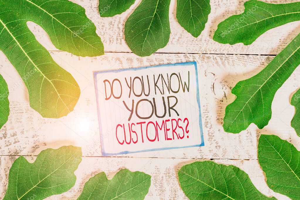 Handwriting text Do You Know Your Customers question. Concept meaning asking to identify a customer s is nature Leaves surrounding notepaper above a classic wooden table as the background.